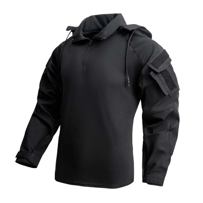 Men's Long Sleeve Combat Shirt 1/4 Zipper Ripstop Hooded Tactical Shirts Navy Blue Camoufalge Airsoft T Shirts Fishing Tops