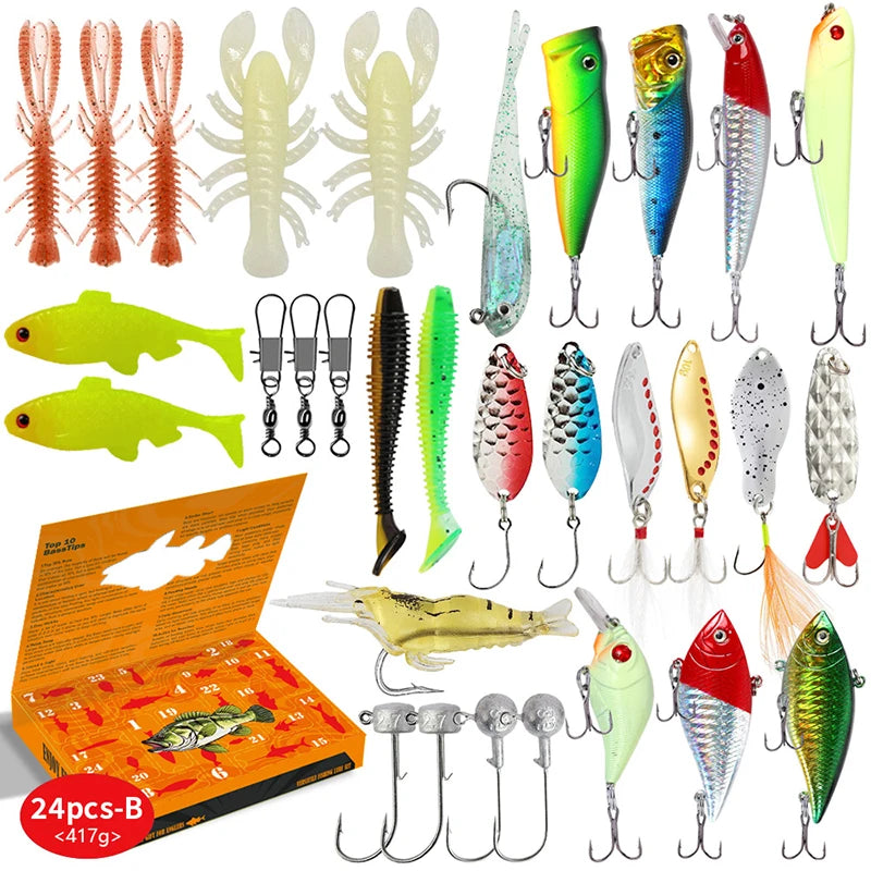 24PCS Fishing Lure Blind Box Kit Soft And Hard Bait Set Gear Lure Metal Jig Spoon For Bass Pike Crank Tackle Accessories