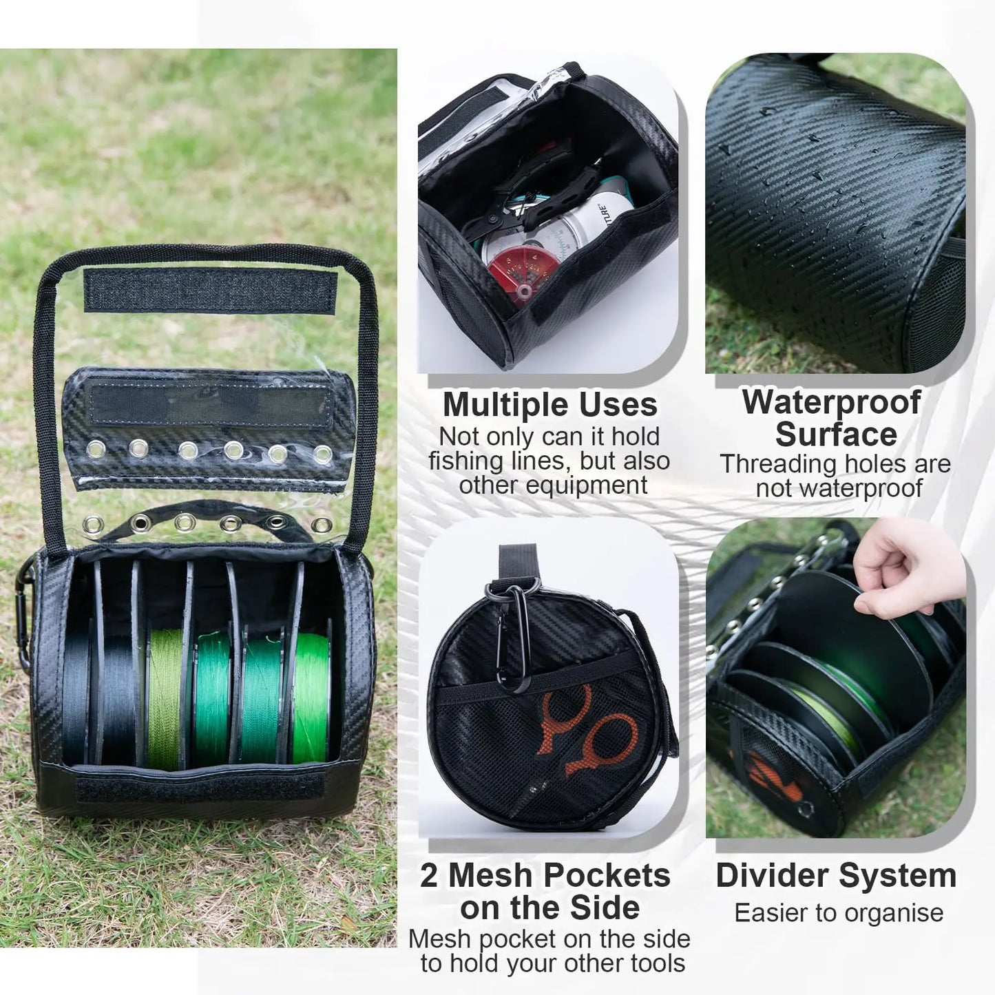 Goture 3-6 Outlet Holes Fishing Line Storage Bag Clear View Window Fishing Line Case Removable Divider Fishing Line Organizer
