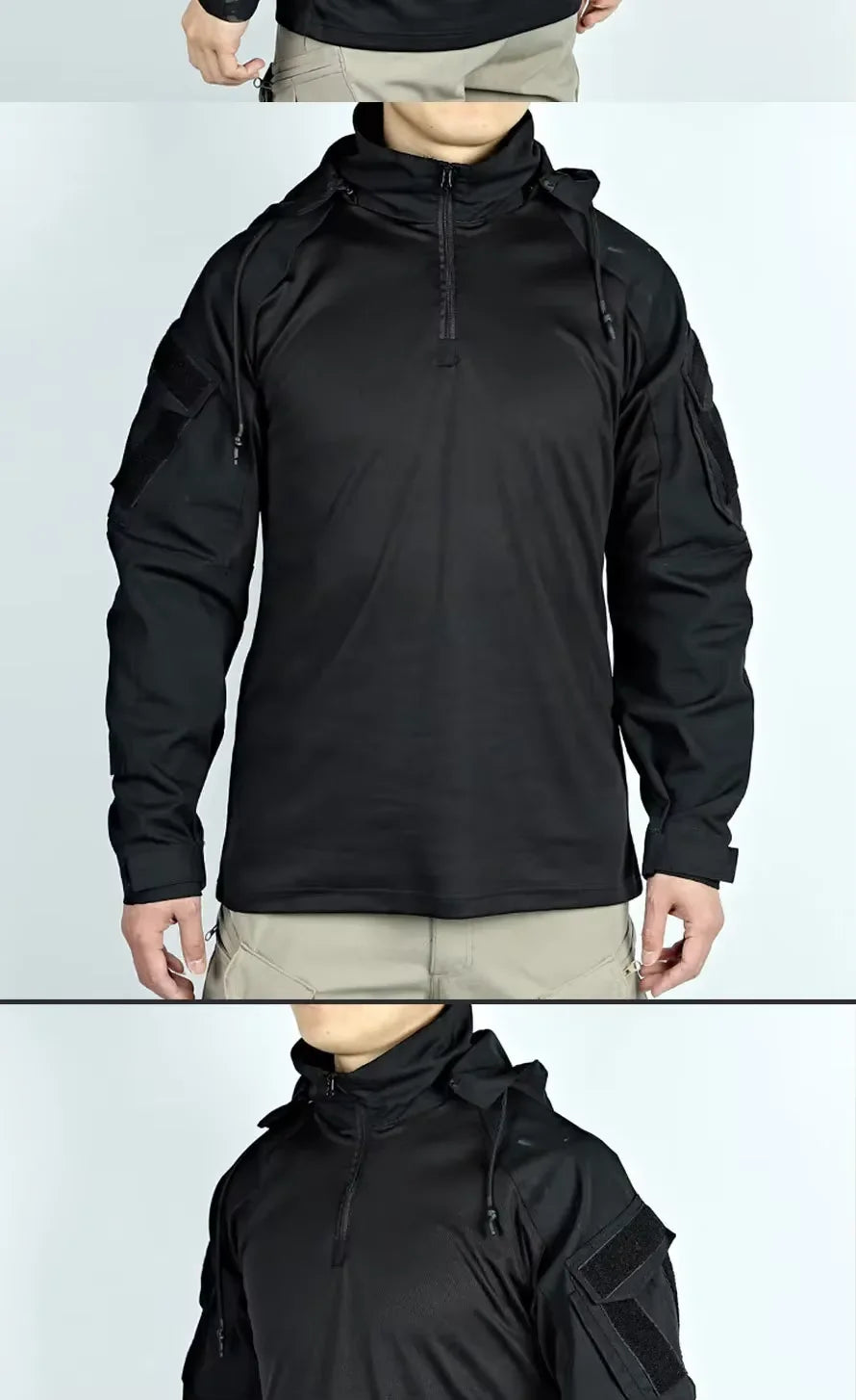 Men's Long Sleeve Combat Shirt 1/4 Zipper Ripstop Hooded Tactical Shirts Navy Blue Camoufalge Airsoft T Shirts Fishing Tops
