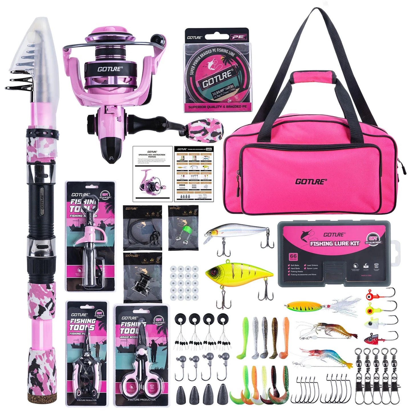 Goture Pink Fishing Rod and Reel Combo, All-in-One Fishing Kit:Telescopic Rod,Spinning Reel,66PCS Lures Tackle Bag,Fishing Gear