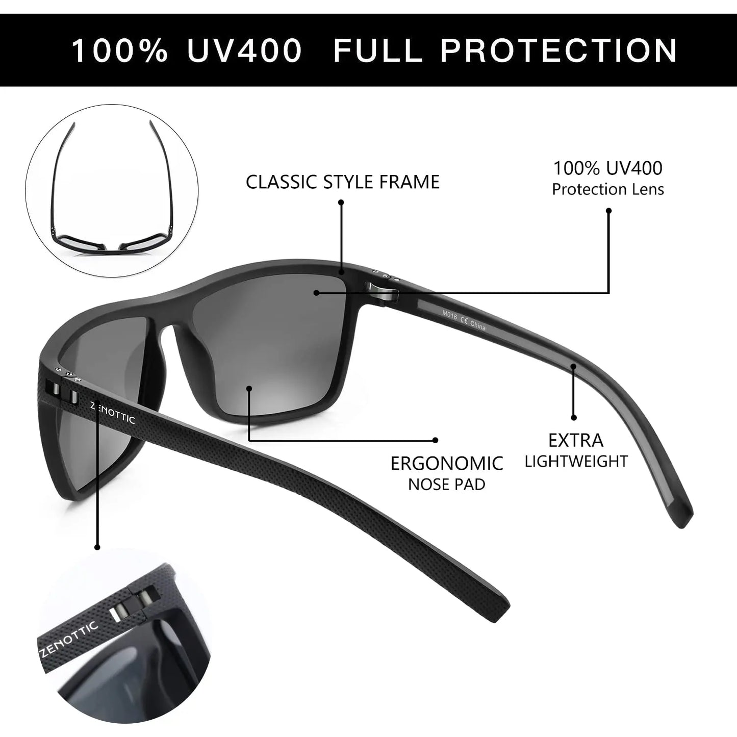 ZENOTTIC Polarized Sunglasses – Men’s Lightweight TR90 Frame, UV400 Protection, Square