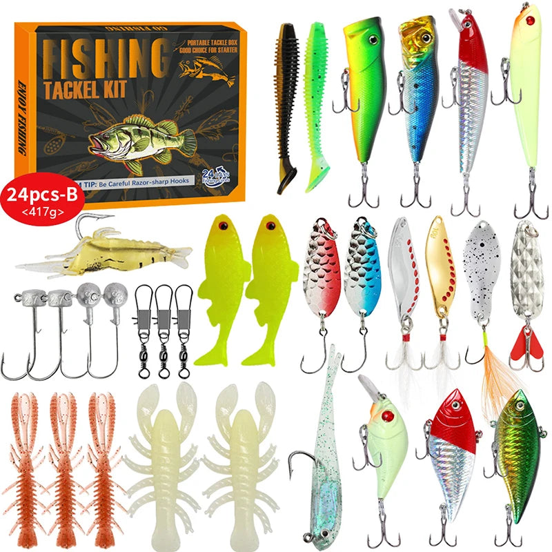 24PCS Fishing Lure Blind Box Kit Soft And Hard Bait Set Gear Lure Metal Jig Spoon For Bass Pike Crank Tackle Accessories