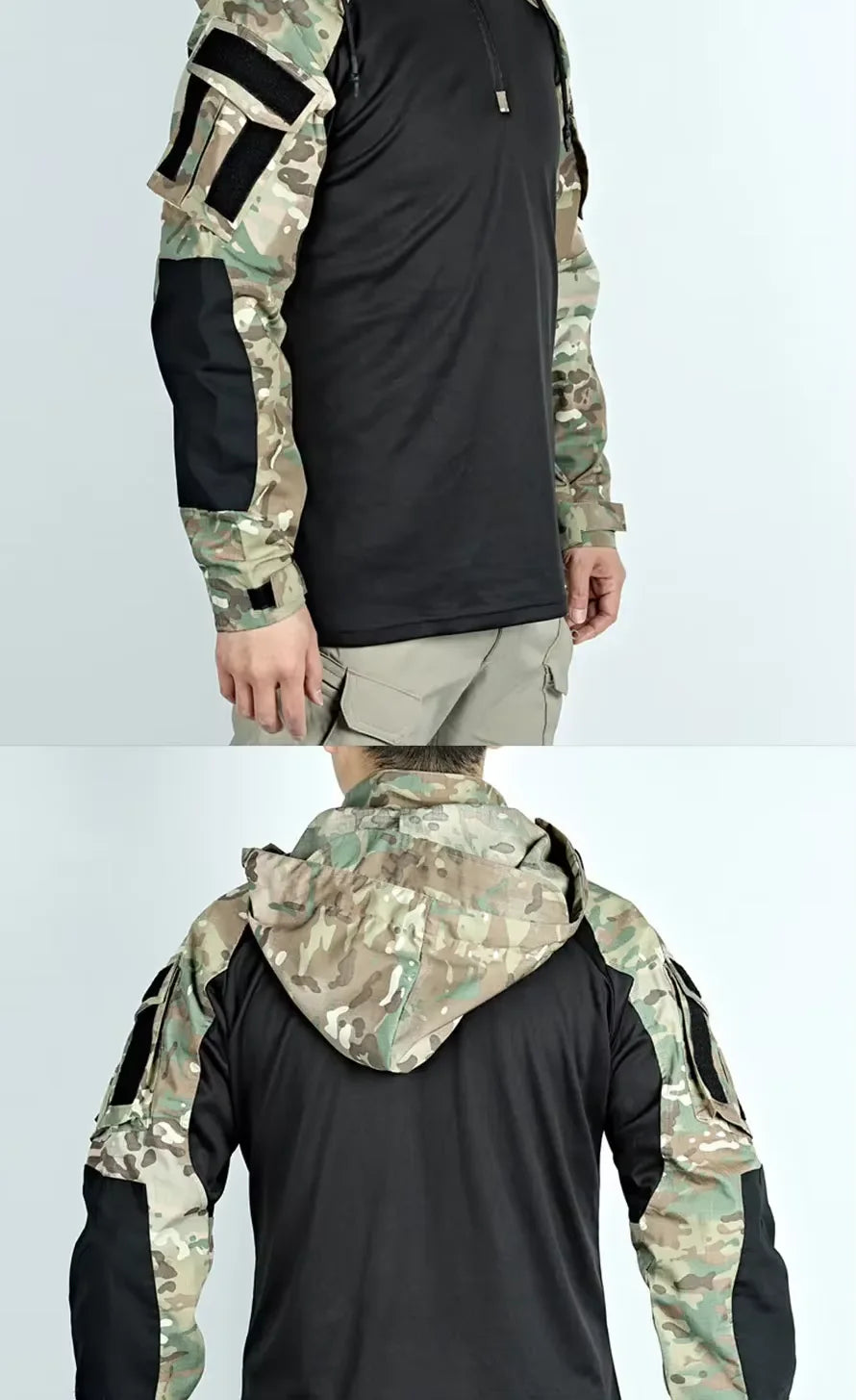 Men's Long Sleeve Combat Shirt 1/4 Zipper Ripstop Hooded Tactical Shirts Navy Blue Camoufalge Airsoft T Shirts Fishing Tops