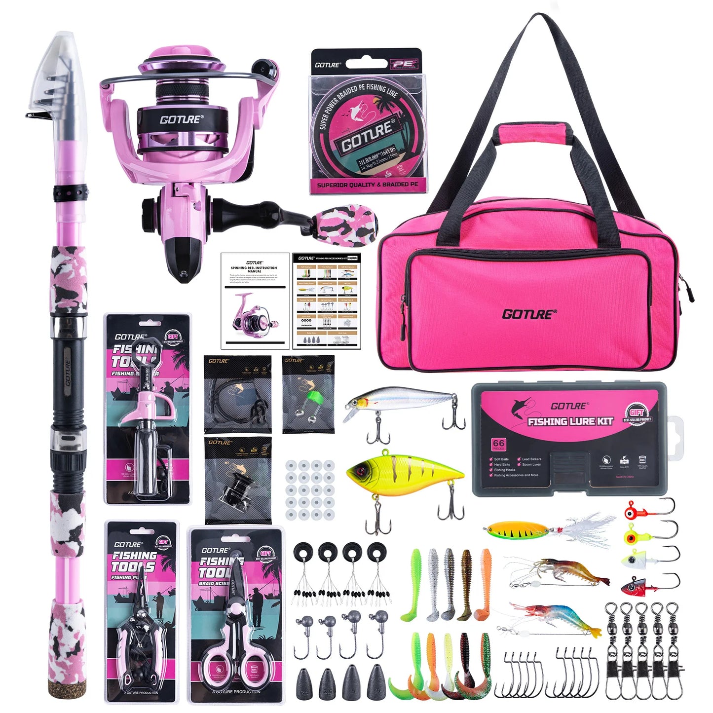 Goture Pink Fishing Rod and Reel Combo, All-in-One Fishing Kit:Telescopic Rod,Spinning Reel,66PCS Lures Tackle Bag,Fishing Gear