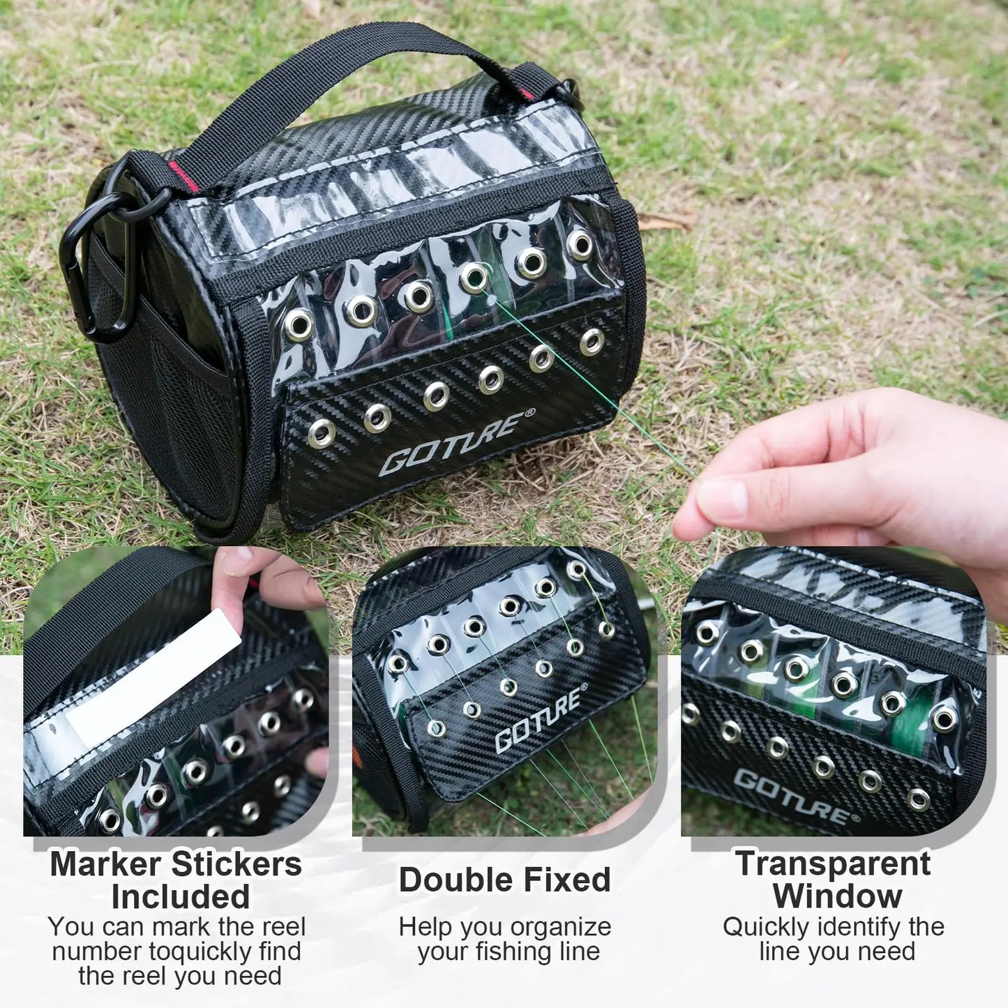 Goture 3-6 Outlet Holes Fishing Line Storage Bag Clear View Window Fishing Line Case Removable Divider Fishing Line Organizer