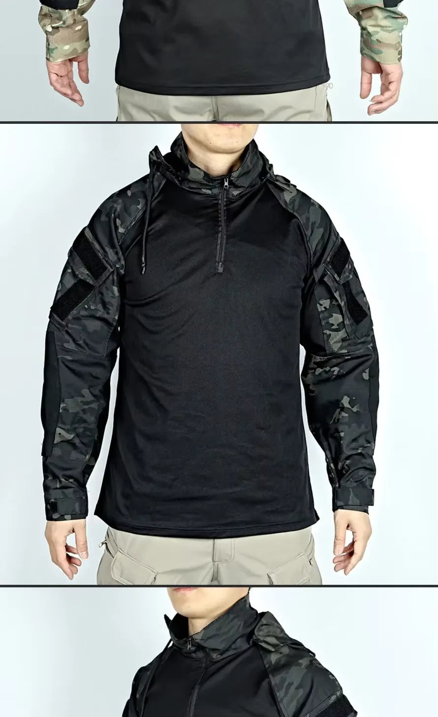 Men's Long Sleeve Combat Shirt 1/4 Zipper Ripstop Hooded Tactical Shirts Navy Blue Camoufalge Airsoft T Shirts Fishing Tops