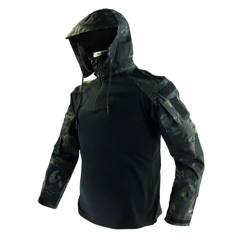 Men's Long Sleeve Combat Shirt 1/4 Zipper Ripstop Hooded Tactical Shirts Navy Blue Camoufalge Airsoft T Shirts Fishing Tops
