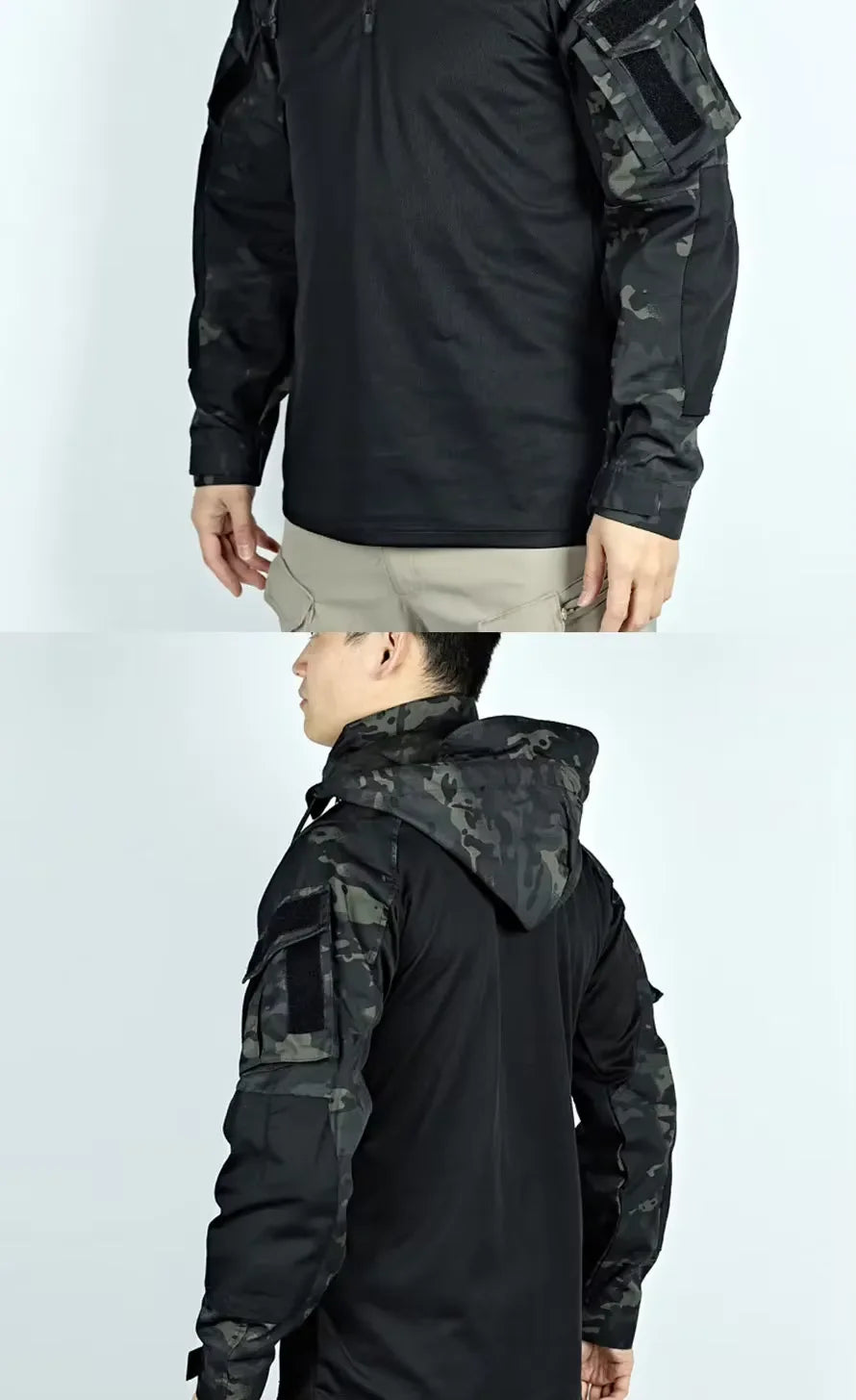 Men's Long Sleeve Combat Shirt 1/4 Zipper Ripstop Hooded Tactical Shirts Navy Blue Camoufalge Airsoft T Shirts Fishing Tops