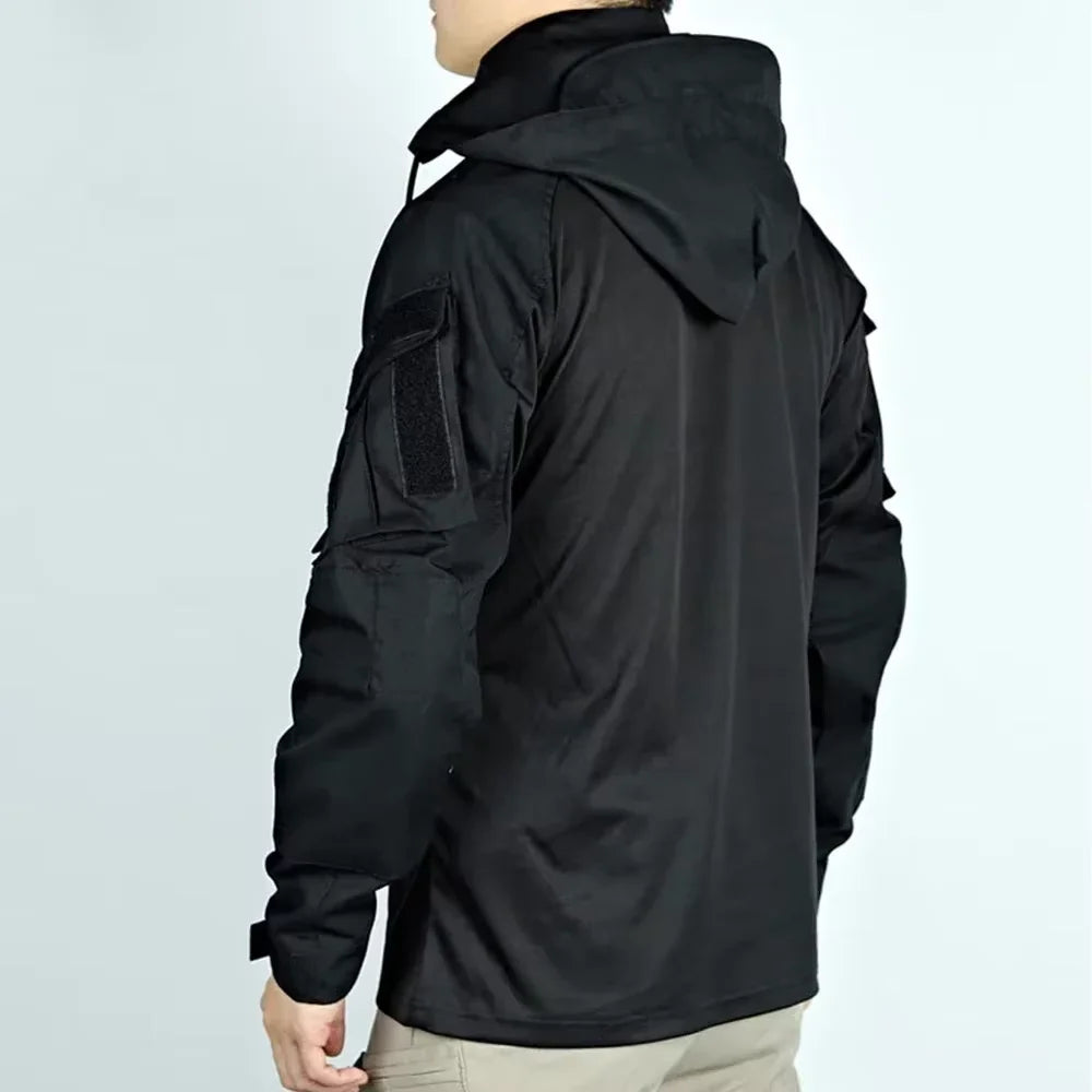 Men's Long Sleeve Combat Shirt 1/4 Zipper Ripstop Hooded Tactical Shirts Navy Blue Camoufalge Airsoft T Shirts Fishing Tops