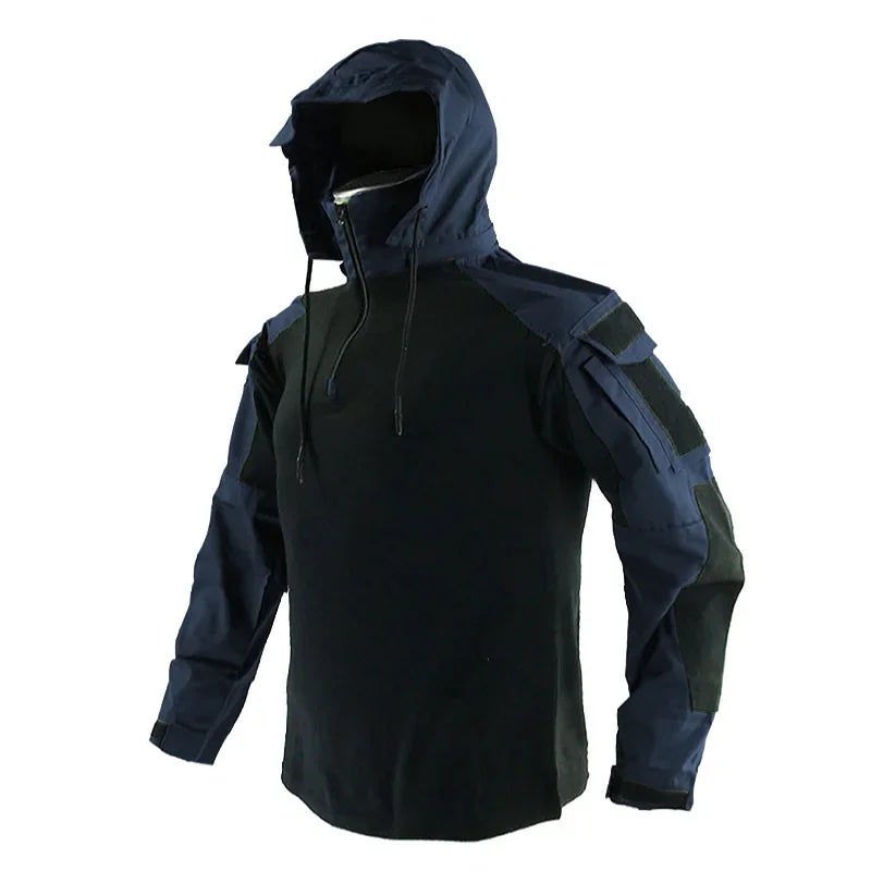 Men's Long Sleeve Combat Shirt 1/4 Zipper Ripstop Hooded Tactical Shirts Navy Blue Camoufalge Airsoft T Shirts Fishing Tops
