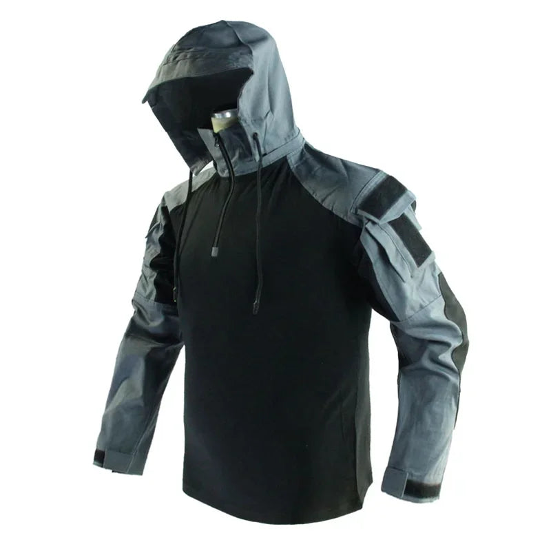 Men's Long Sleeve Combat Shirt 1/4 Zipper Ripstop Hooded Tactical Shirts Navy Blue Camoufalge Airsoft T Shirts Fishing Tops