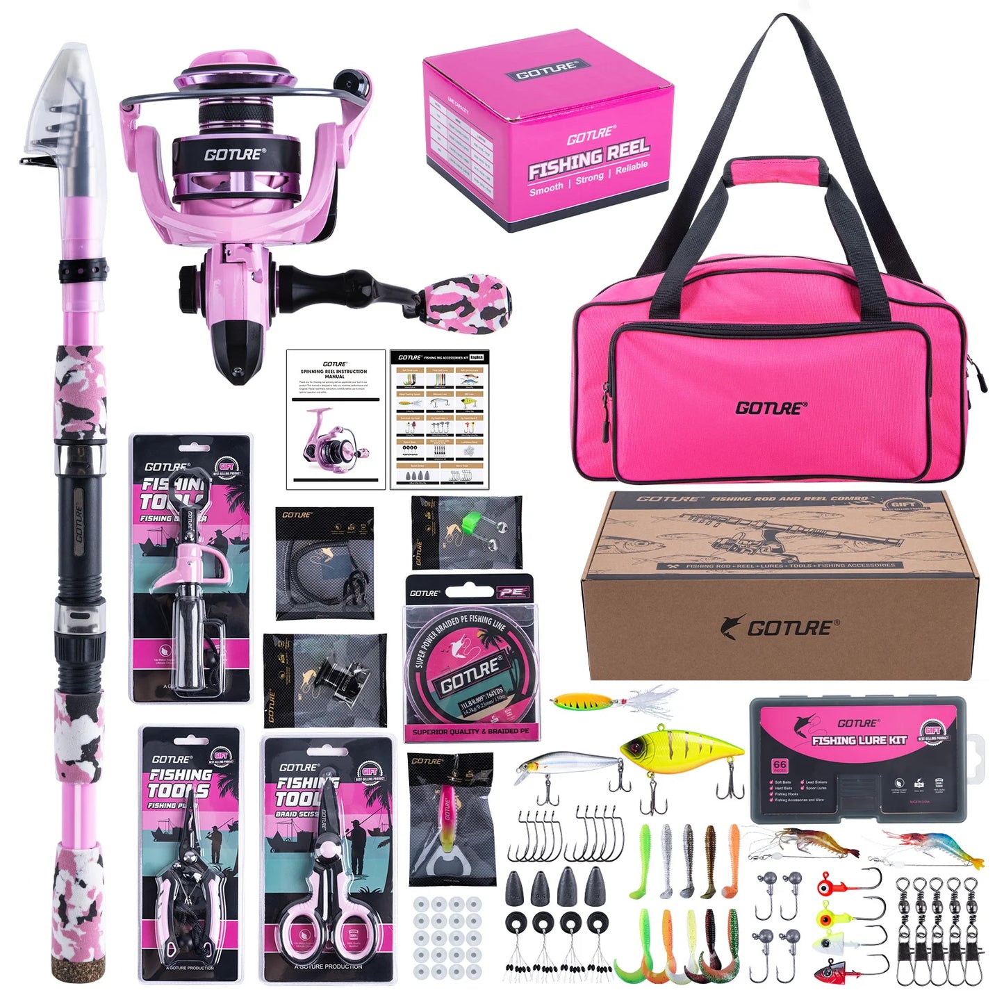 Goture Pink Fishing Rod and Reel Combo, All-in-One Fishing Kit:Telescopic Rod,Spinning Reel,66PCS Lures Tackle Bag,Fishing Gear