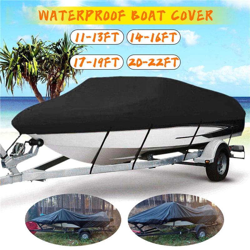 Black Boat Cover Anti-UV Waterproof Outdoor Protection Heavy Duty Marine Fishing Speedboat 190T Yacht 11-22FT