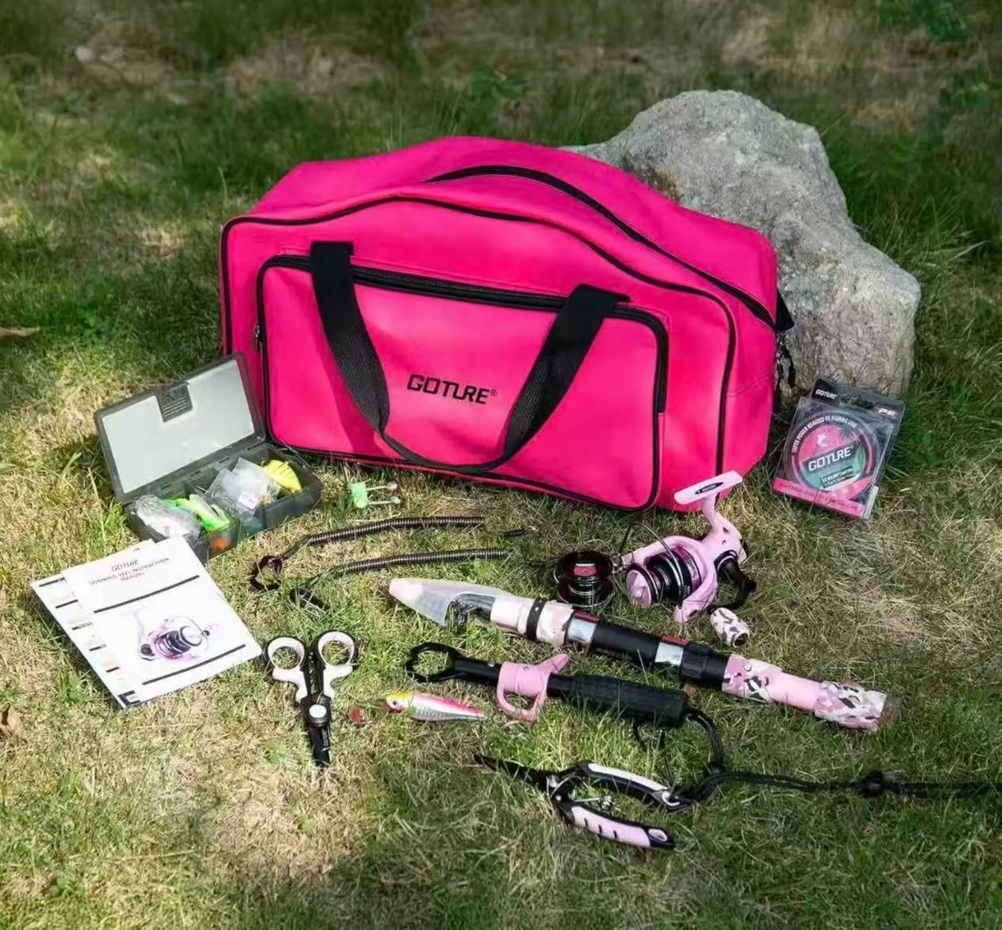 Goture Pink Fishing Rod and Reel Combo, All-in-One Fishing Kit:Telescopic Rod,Spinning Reel,66PCS Lures Tackle Bag,Fishing Gear