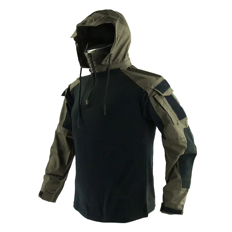 Men's Long Sleeve Combat Shirt 1/4 Zipper Ripstop Hooded Tactical Shirts Navy Blue Camoufalge Airsoft T Shirts Fishing Tops