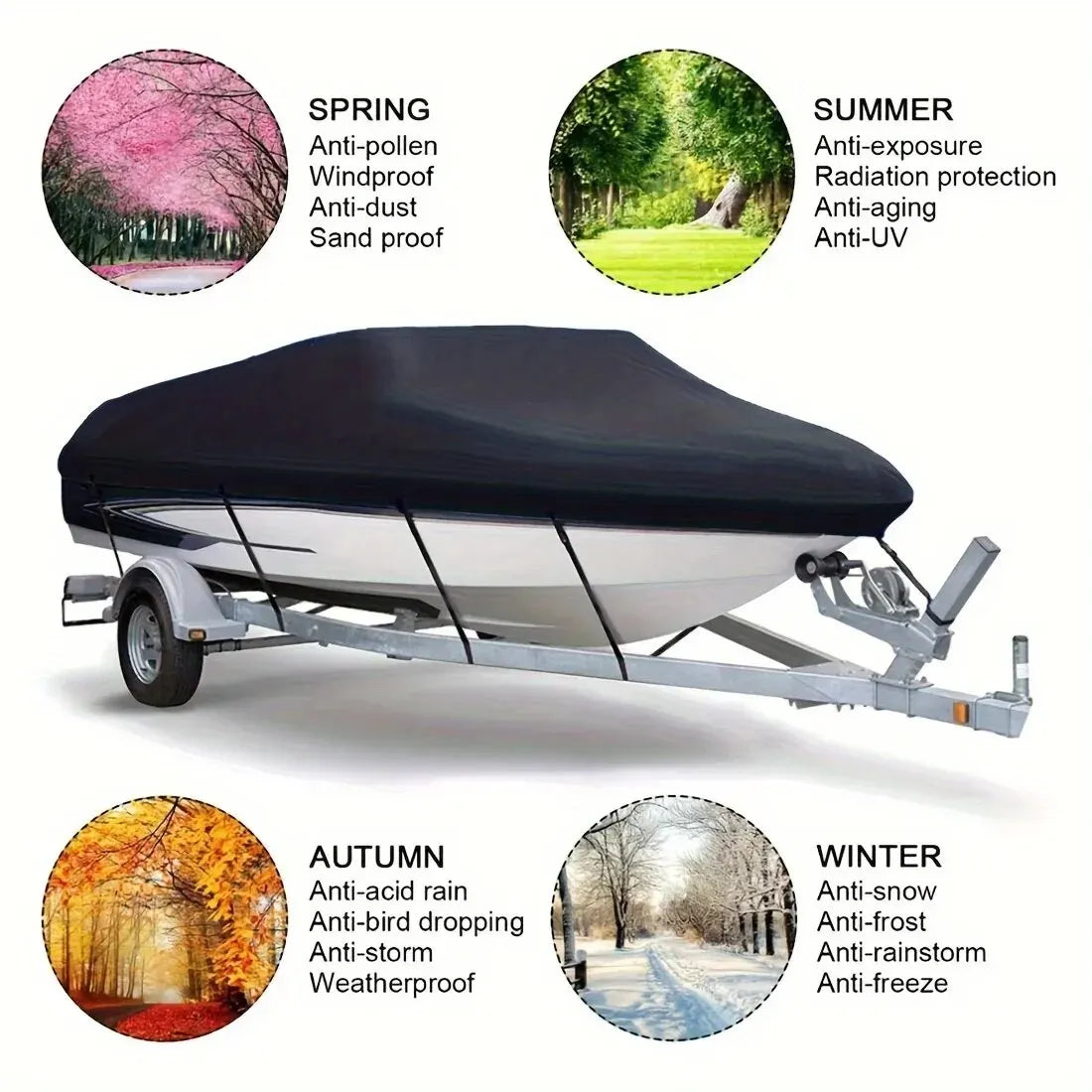 Black Boat Cover Anti-UV Waterproof Outdoor Protection Heavy Duty Marine Fishing Speedboat 190T Yacht 11-22FT