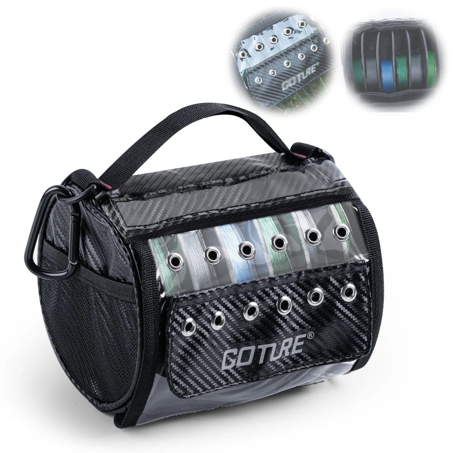 Goture 3-6 Outlet Holes Fishing Line Storage Bag Clear View Window Fishing Line Case Removable Divider Fishing Line Organizer