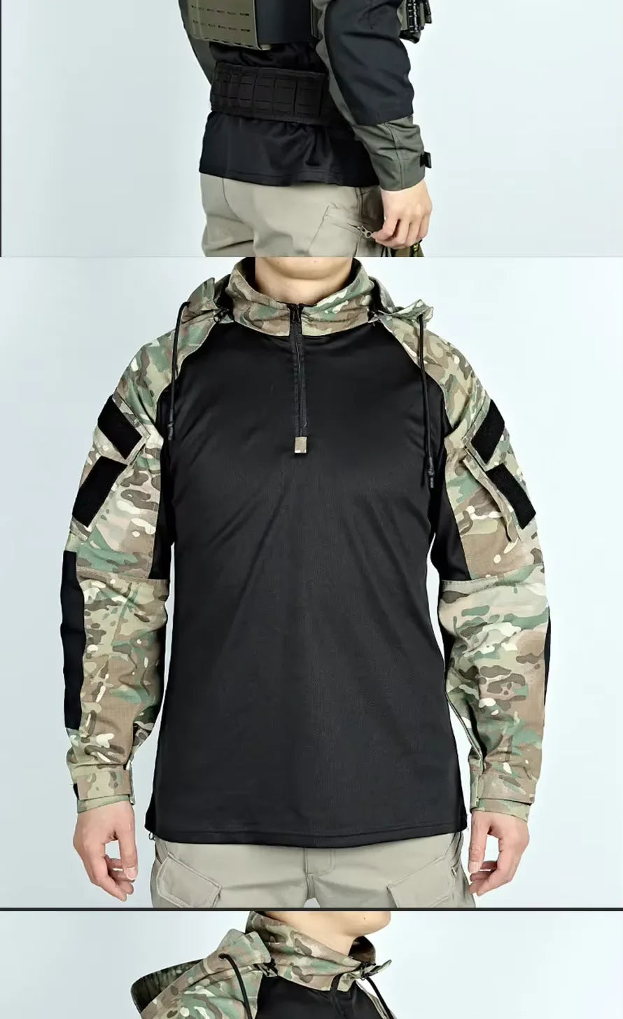Men's Long Sleeve Combat Shirt 1/4 Zipper Ripstop Hooded Tactical Shirts Navy Blue Camoufalge Airsoft T Shirts Fishing Tops