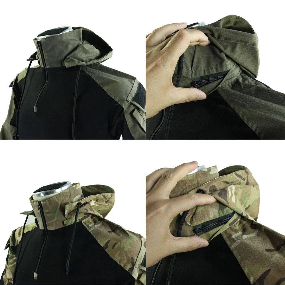 Men's Long Sleeve Combat Shirt 1/4 Zipper Ripstop Hooded Tactical Shirts Navy Blue Camoufalge Airsoft T Shirts Fishing Tops